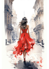 Woman in red dress walking down city . illustrative