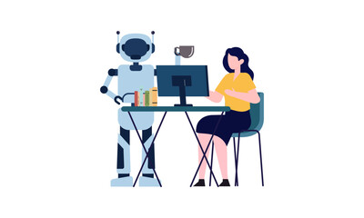 Fototapeta na wymiar Generative AI robot work in office with people illustration
