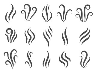 Vapour icons. Line stench smoke stream and boiling cloud icons, fume steam odour scent and aroma elements. Vector flat set