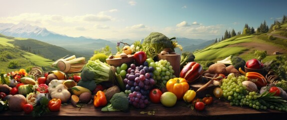 Obraz na płótnie Canvas Fresh and Colorful Food Background with Vibrant Fruits, Vegetables, and Herbs, Top View, Copy Space, Generative AI