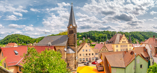 Stadt Wehlen, Germany - town main market square from above with old German traditional houses and...