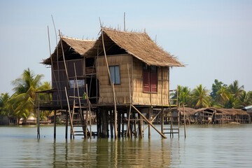 Stilt house, representing the unique architecture of Southeast Asia. Wooden house elevated on sturdy stilts above the water, as commonly seen in floating villages