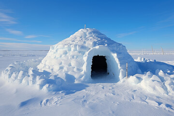 Traditional igloo, reflecting the ingenious architecture of the Inuit people in the Arctic regions. Dome-shaped house made of compacted snow blocks, with an entrance tunnel - obrazy, fototapety, plakaty