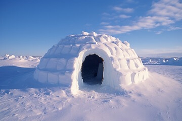 Traditional igloo, reflecting the ingenious architecture of the Inuit people in the Arctic regions. Dome-shaped house made of compacted snow blocks, with an entrance tunnel - Powered by Adobe