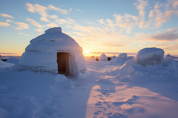Traditional igloo, reflecting the ingenious architecture of the Inuit people in the Arctic regions. Dome-shaped house made of compacted snow blocks, with an entrance tunnel