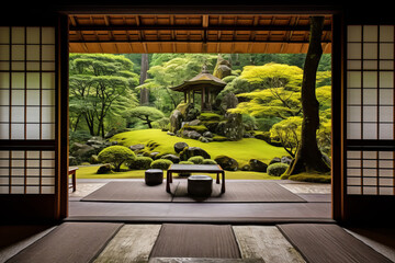 Traditional Japanese house, showcasing its unique architecture. Wooden structure with sliding shoji doors, tatami mat flooring and sloping roof. The house is surrounded by a tranquil Japanese garden - obrazy, fototapety, plakaty