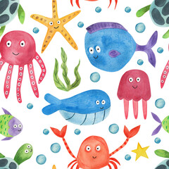 Underwater world octopus jellyfish whale fish. Seamless pattern. Watercolor illustration in cartoon style. Cute textures for baby textiles, fabric design, scrapbooking, wallpaper, etc.