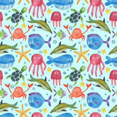 Underwater world octopus jellyfish whale fish. Seamless pattern. Watercolor illustration in cartoon style. Cute textures for baby textiles, fabric design, scrapbooking, wallpaper, etc.