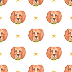 Golden retriever. Seamless pattern. Watercolor illustration in cartoon style. Cute textures for baby textiles, fabric design, scrapbooking, wallpaper, etc.