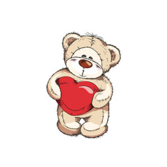 Cute hand drawn smiling teddy bear holding red heart flat style, vector illustration