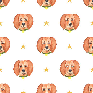 Golden retriever. Seamless pattern. Watercolor illustration in cartoon style. Cute textures for baby textiles, fabric design, scrapbooking, wallpaper, etc.