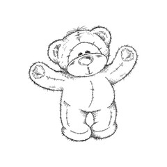 Cute teddy bear toy, monochrome sketch vector illustration isolated on white background.