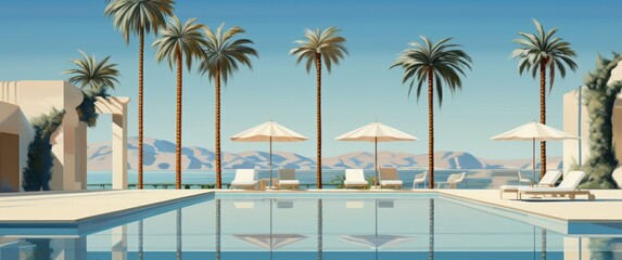 Tropical Paradise: Palm Trees and Umbrellas Surrounding a Pool at the Beach Resort, Generative AI