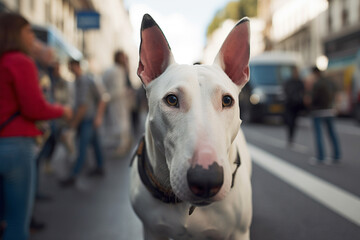 White Bull Terrier dog in city street. 