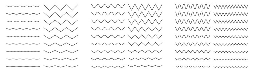 Line wave and zigzag. Curved and straight waveforms for audio equalisation, undulating wavelike elements and zigzag distortion lines. Vector isolated set