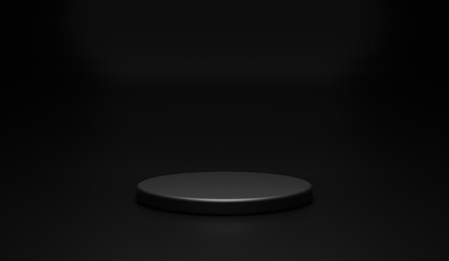 Black podium or pedestal display on dark background with standing cylinder concept. Empty shelf product stand background. 3D renders.