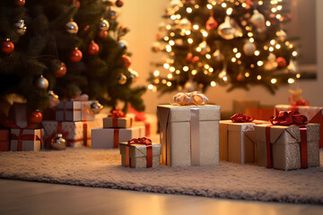 Beautiful Christmas presents over Christmas lights and Christmas tree on light background....