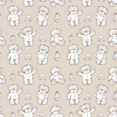 Teddy bear seamless pattern, hand drawn sketch vector illustration on beige background.