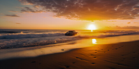 Obraz premium Ocean waves at sunset - Generative AI