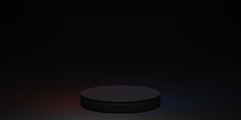 Black podium or pedestal display on dark background with standing cylinder concept. Empty shelf product stand background. 3D renders.