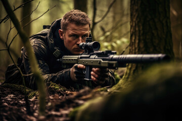 Fototapeta premium Sniper in action with gun in the forest