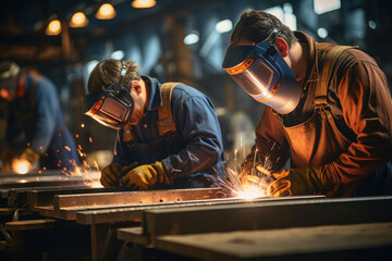 worker welders welding steel in the construction site - obrazy, fototapety, plakaty