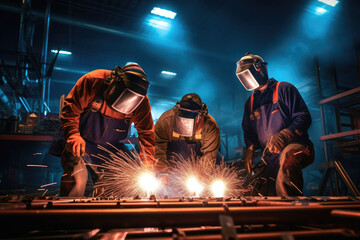 Team of welders in uniform working welding in the workshop - obrazy, fototapety, plakaty