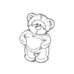 Cute hand drawn monochrome standing teddy bear holding big heart sketch style