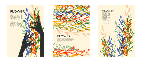 Abstract poster set flowers and branches pattern, events and page cover, artistic colorful plant, templates suitable for poster