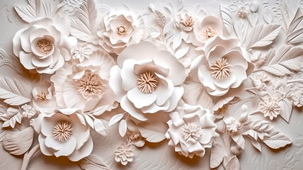 Fototapeta na wymiar Arrière plan floral blanc en relief - Décoration florale pour carte de mariage - Générative IA