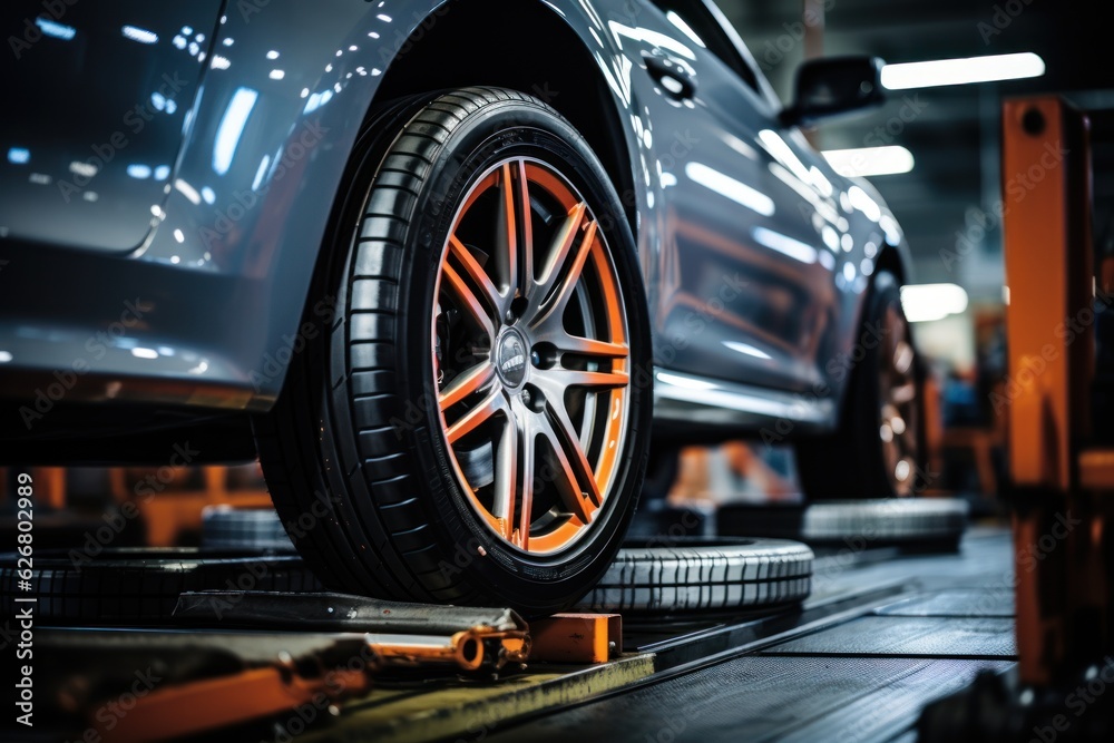 Wall mural male tire changer Check the condition of new tires in stock for replacement at a service center or auto repair shop. Tire warehouse for the automobile industry