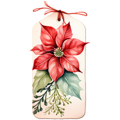 Christmas gift tag with poinsettia flowers. Watercolor illustration AI Generative