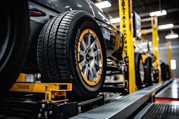 Fototapeta premium male tire changer Check the condition of new tires in stock for replacement at a service center or auto repair shop. Tire warehouse for the automobile industry