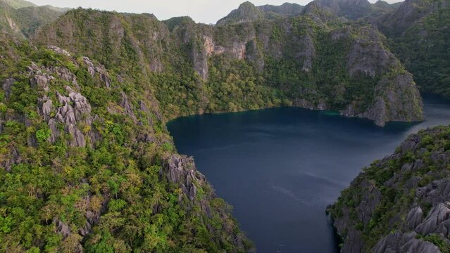 Drone footage. Aerial view of lagoon and bay as main subject in Philippines. Stunning view with beautiful colors.