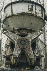 Old melting furnance in the forest. Side view of a  gigantic machine. Iron and steel production. Industrial history. Abandoned machine.