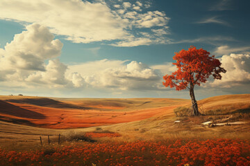 Autumn idyllic landscape during the day. Lonely tree in the valley. 
