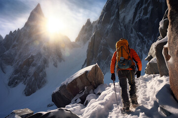晴れた冬の雪山の頂上に到達する登山家
