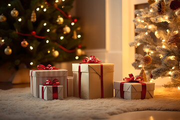 Fototapeta na wymiar Beautiful Christmas presents over Christmas lights and Christmas tree on light background. Beautiful Christmas gift box decorations