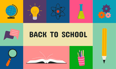 Poster, banner, background with school icons and text Back to school