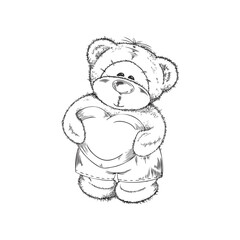 Colorless hand drawn funny Teddy bear boy with heart, cartoon sketch bear doll vector isolated illustration