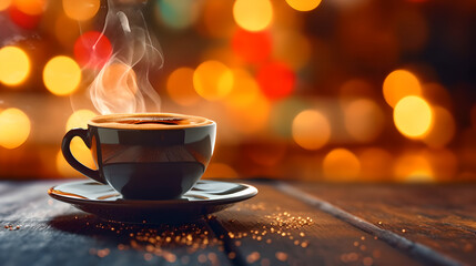 A cup of coffee on a wooden table with bokeh lights in the background. Cup of coffee in cafe with blurred background and copy space