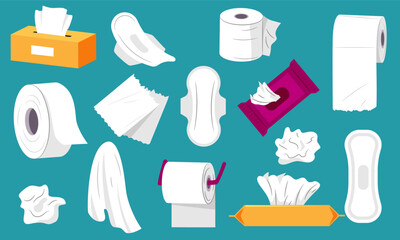 Paper tissue collection. Paper roll with tissues wet and dry, clean napkins box, everyday hygiene products cartoon flat style. Vector isolated set © Tartila