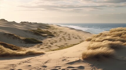 Panoramic landscape of dunes stretching alongside the sea