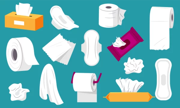 Paper tissue collection. Paper roll with tissues wet and dry, clean napkins box, everyday hygiene products cartoon flat style. Vector isolated set
