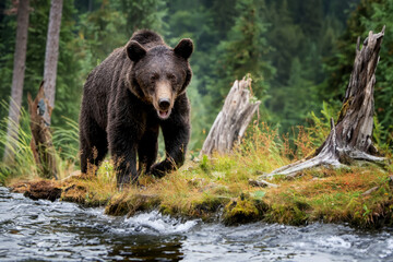 Brown bear walks along the bank of a mountain river in a natural environment