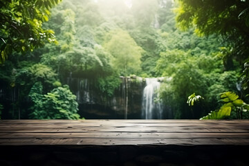 Empty wooden table top with blurred A stunning waterfall surrounded by lush greenery in the background, for display or montage of your products. Generative AI.