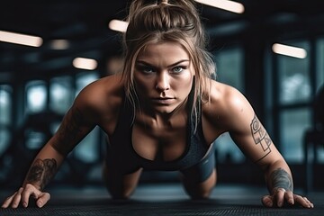 Fototapeta na wymiar HIIT workout in gym, athlete woman in powerful dark theme