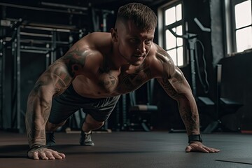Fototapeta na wymiar HIIT workout in gym, muscle man with powerful dark theme
