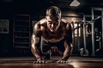 HIIT workout in gym, muscle man with powerful dark theme