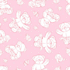 Seamless pattern with cute hand draw teddy bears in skirts sketch style